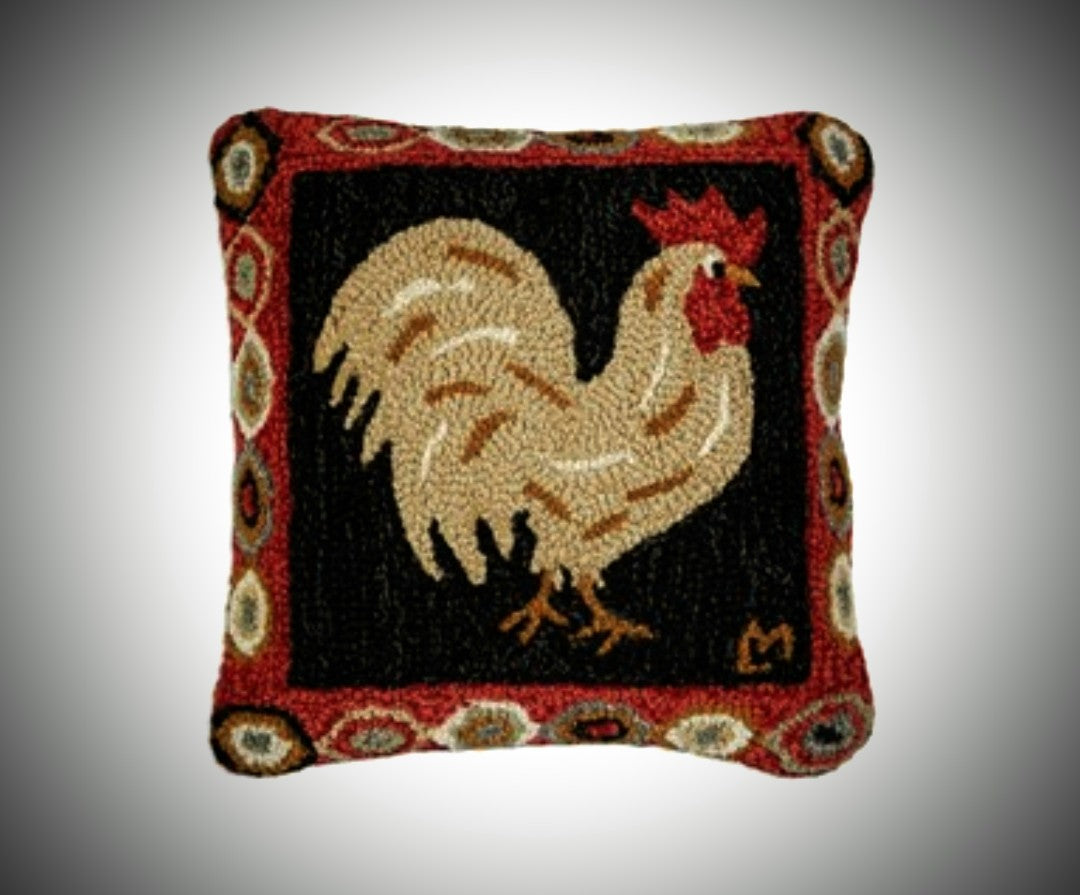 #165BRST BROWN ROOSTER Wool Hooked 18x28 Pillow