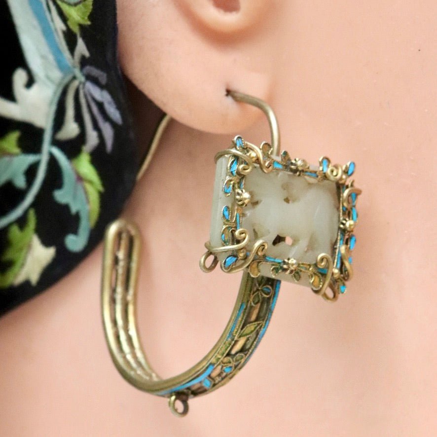 Antique Qing Dynasty Jade Fu Dog Earrings