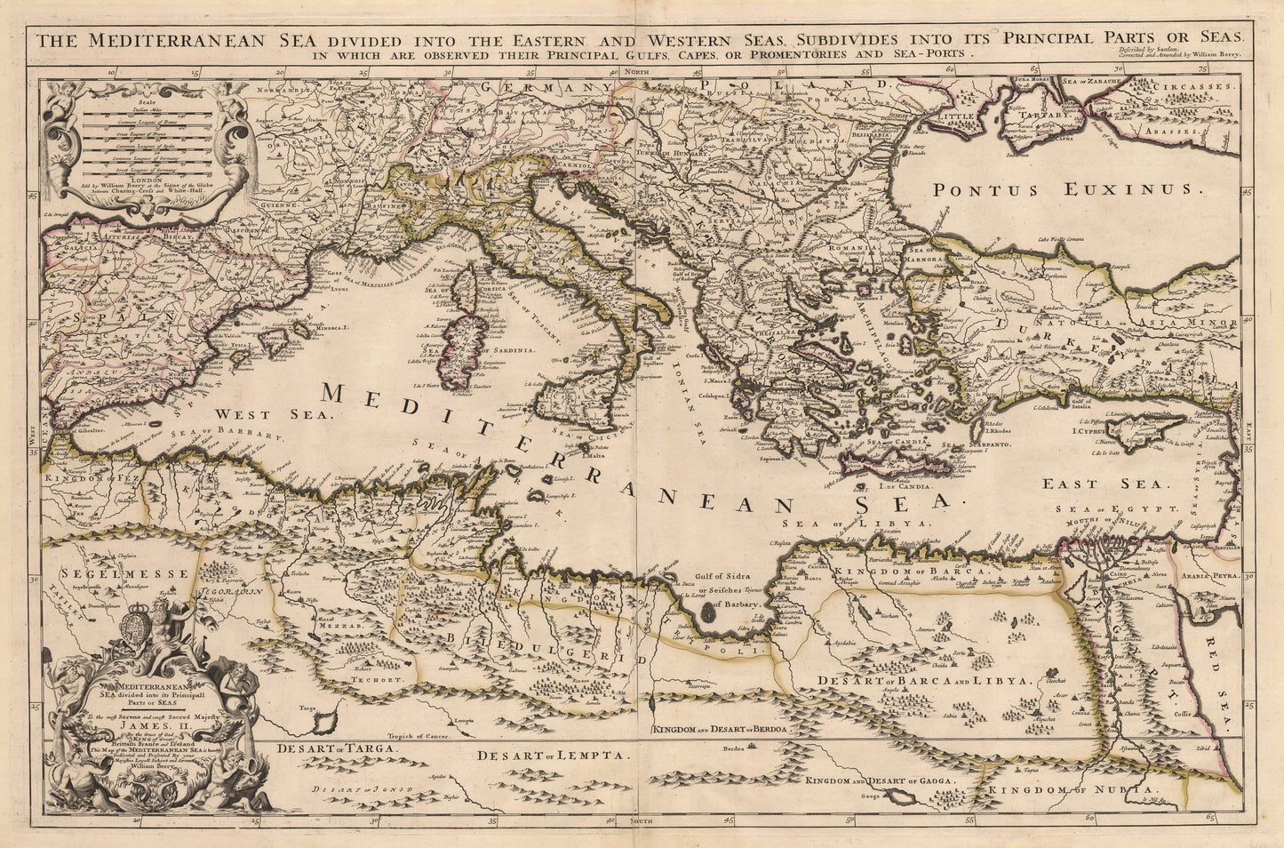 1685 Mediterranean Sea divided into its Principall Parts of Seas